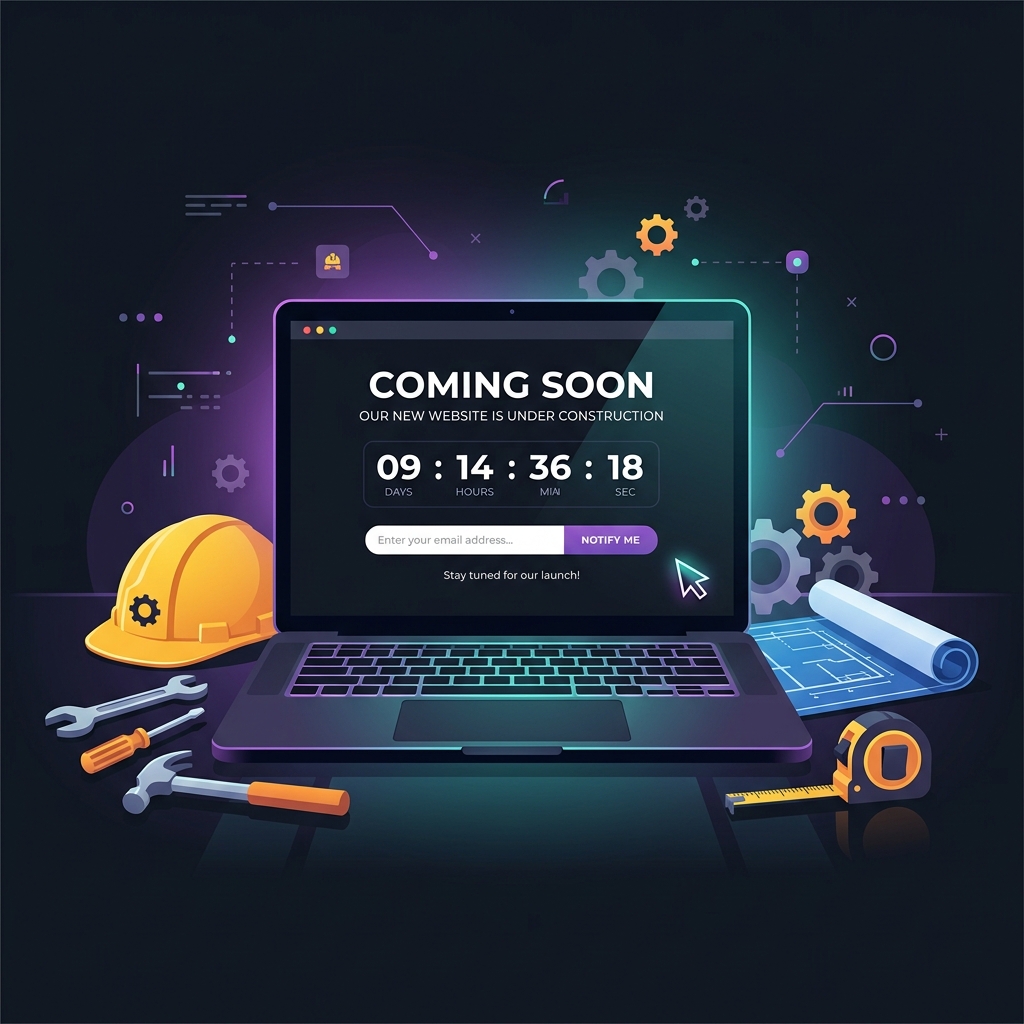 Modern coming soon page design with countdown timer and email signup on laptop screen