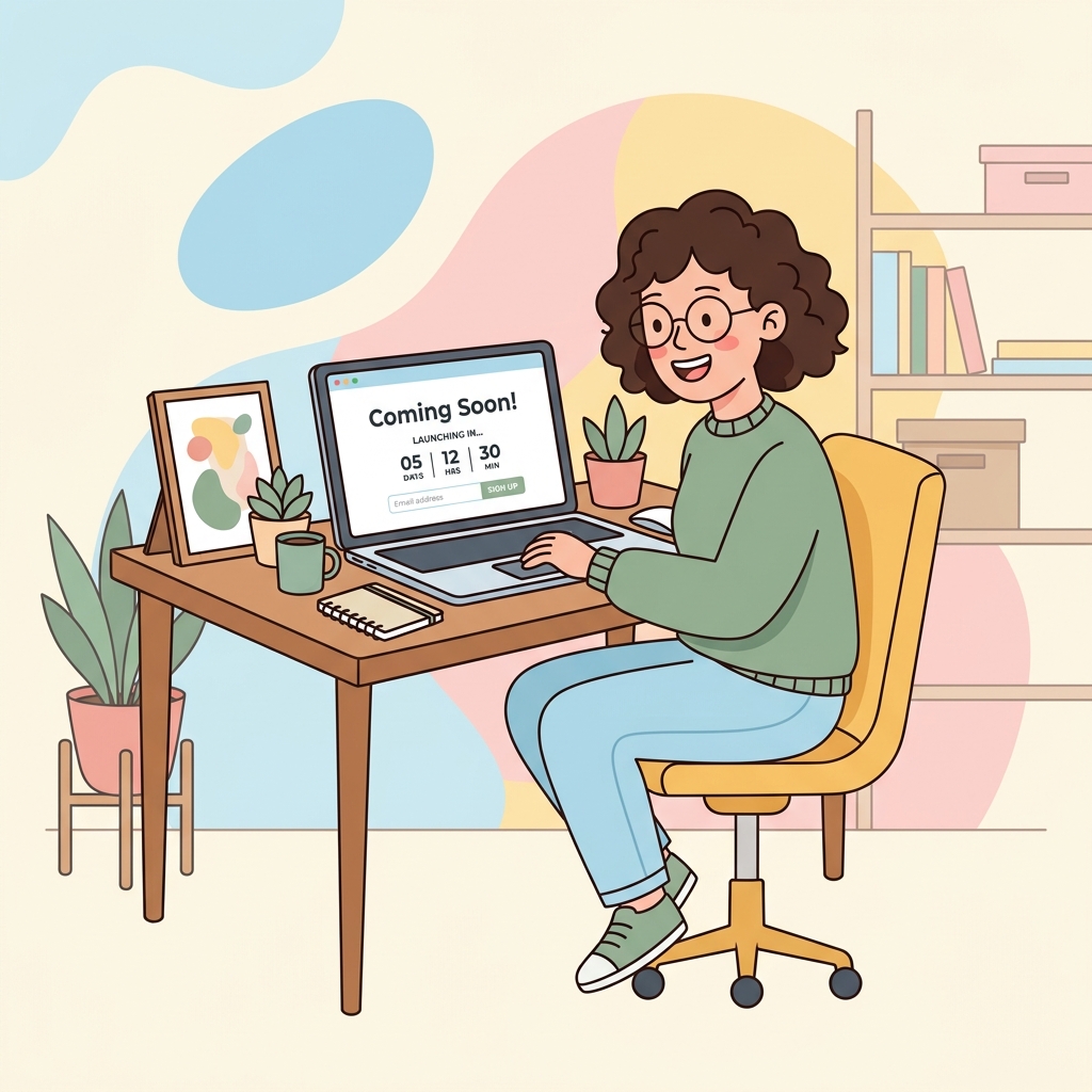 Web designer at laptop crafting a coming soon page with countdown timer and email signup