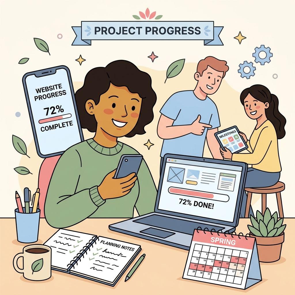 Person reviewing website progress bar on phone and laptop showing 72% complete with planning calendar