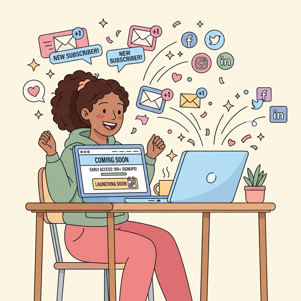 Person at laptop celebrating email subscriber notifications and social media shares before website launch