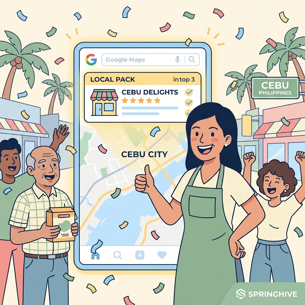 Cebu business owner celebrating their shop appearing in Google Maps Local Pack top 3