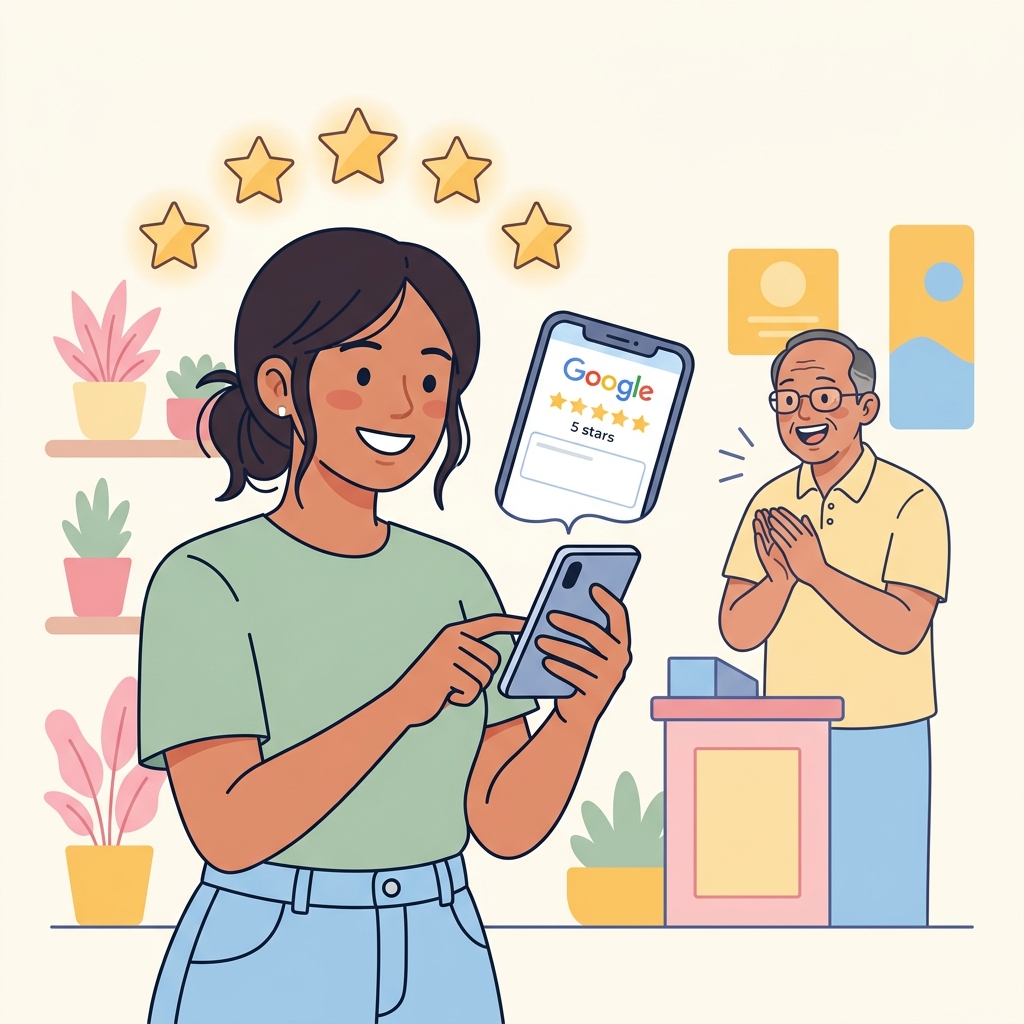 Happy customer leaving a 5-star Google review on their phone