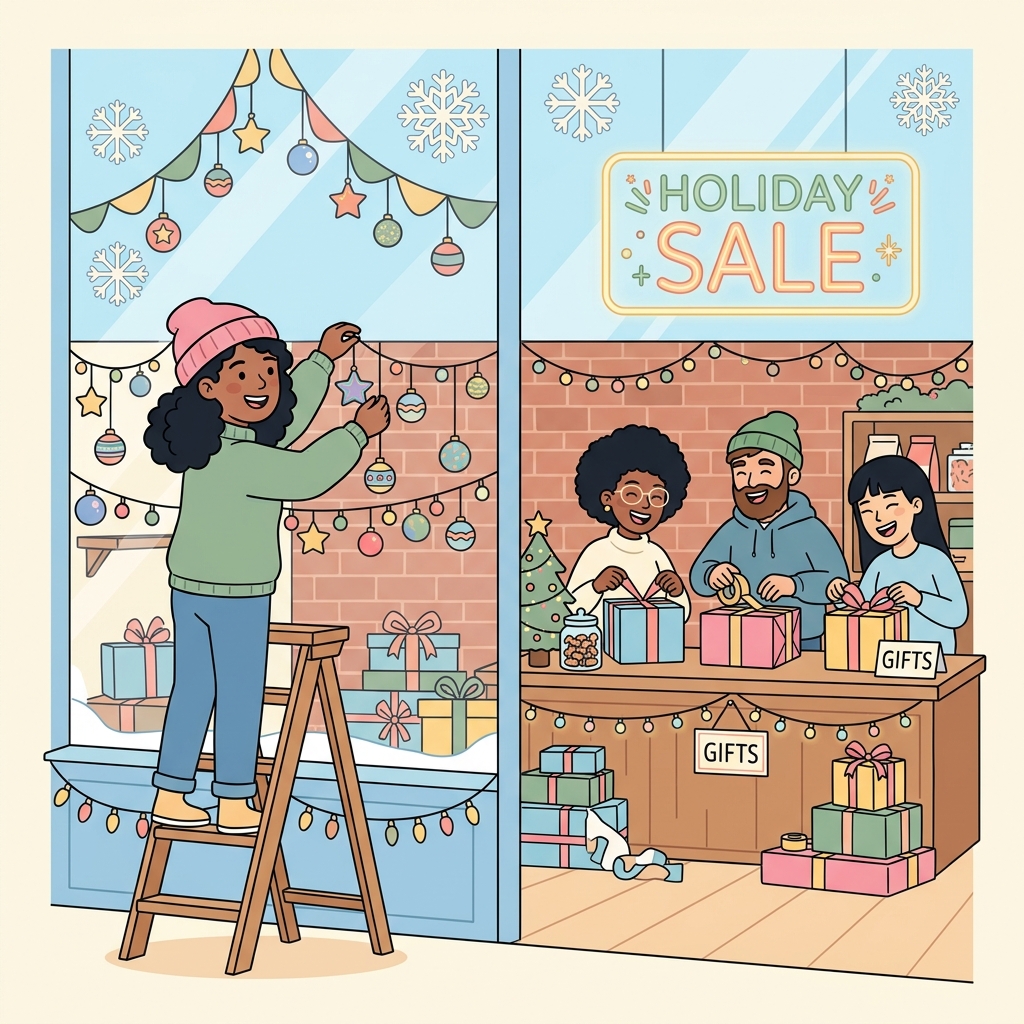 Small business owner decorating holiday shop window with festive decorations and team