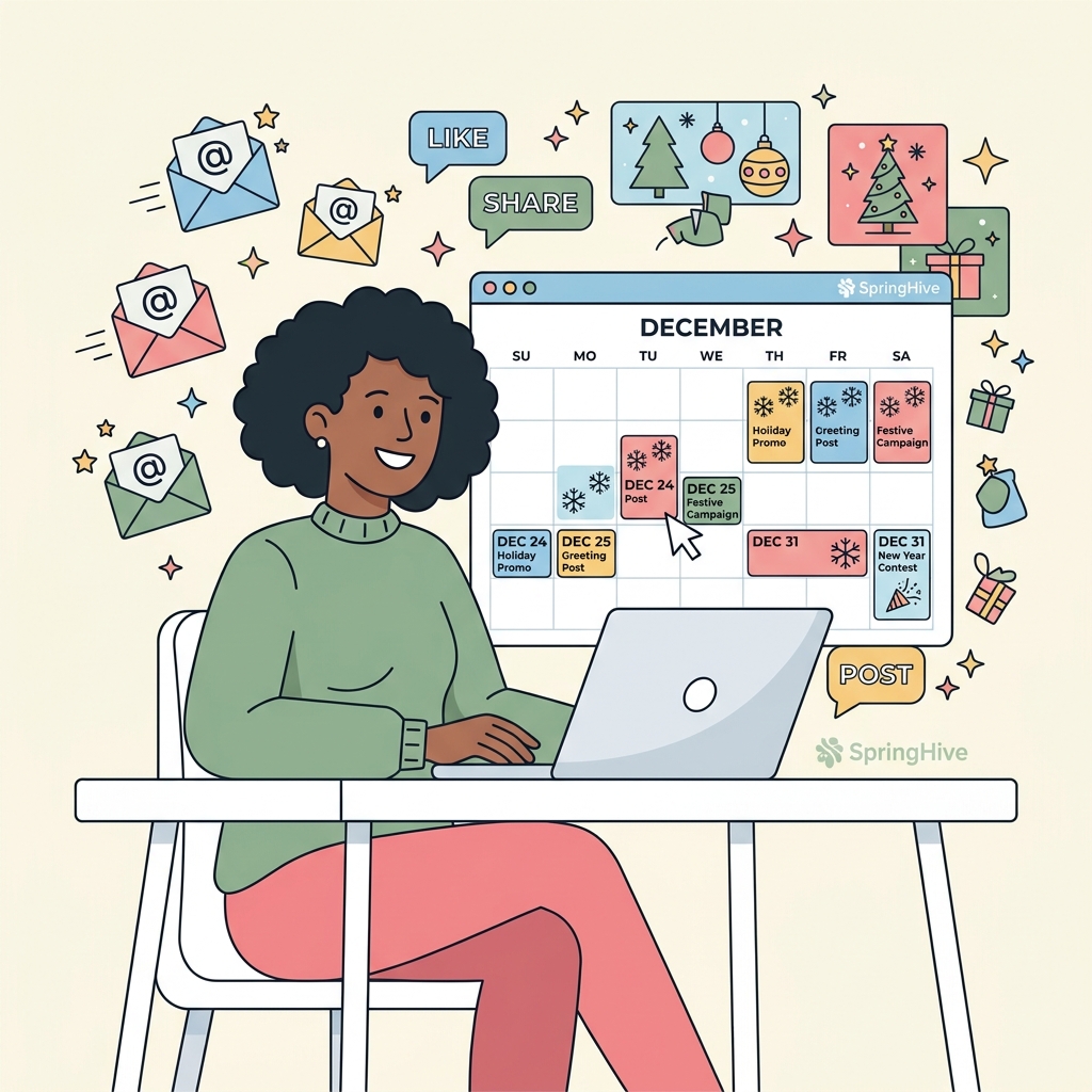Marketing team scheduling holiday social media content and email campaign calendar