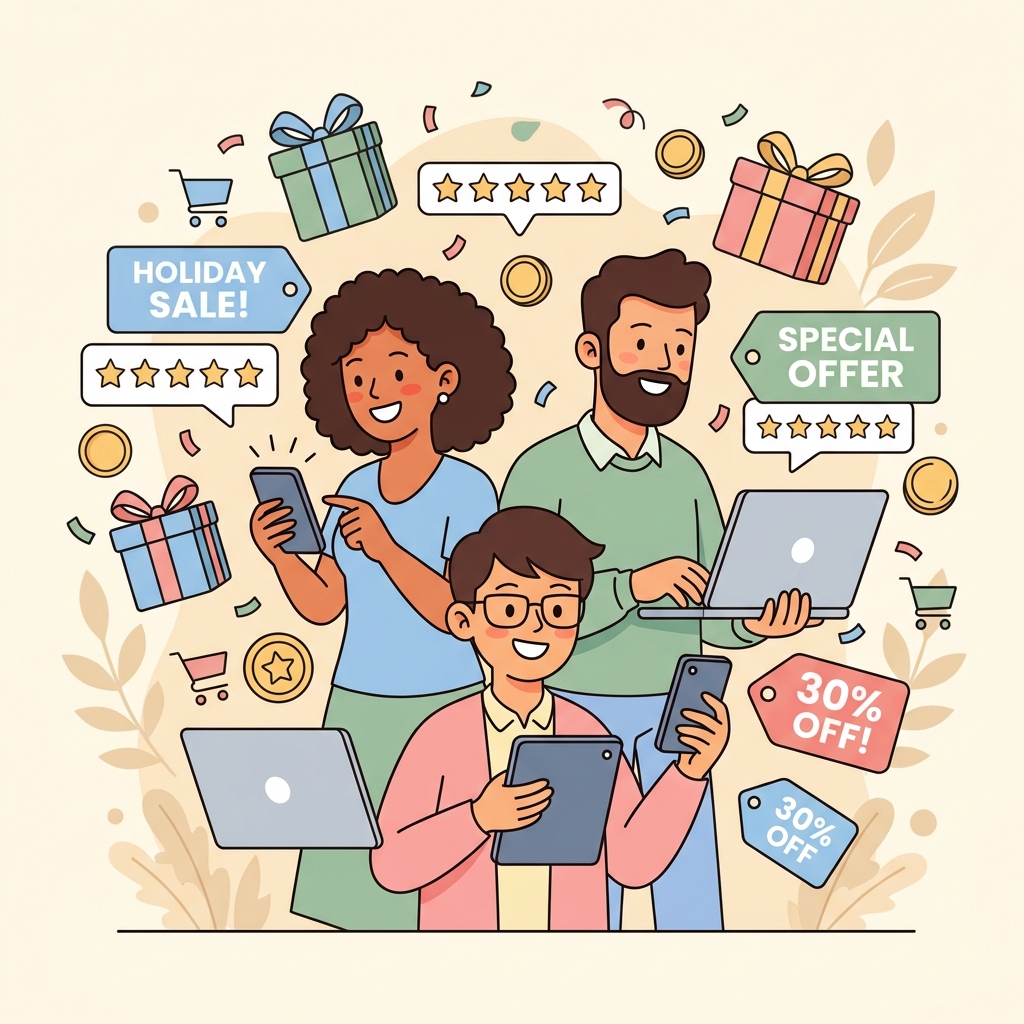 Happy customers shopping online during holiday season with gift boxes and discount banners
