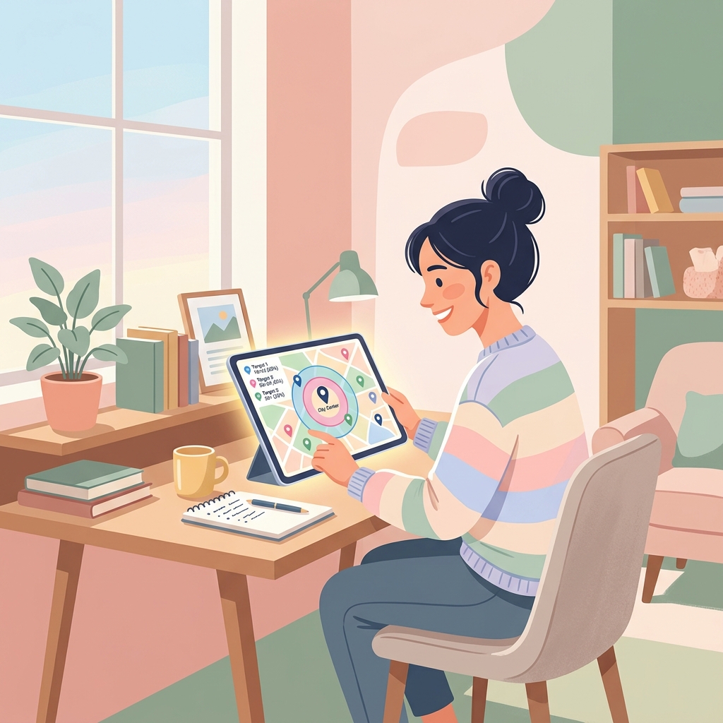 Illustrated person studying Facebook audience targeting on a tablet