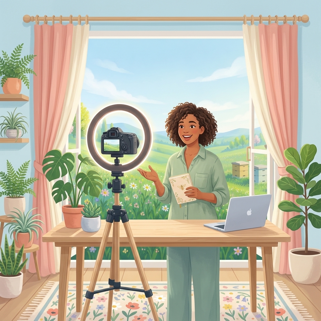 Illustrated content creator recording a video for HVAC Facebook advertising