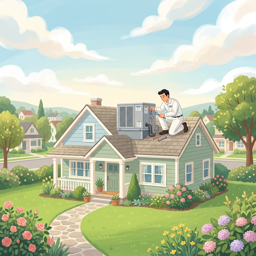 Illustrated HVAC technician servicing an air conditioning unit at a suburban home