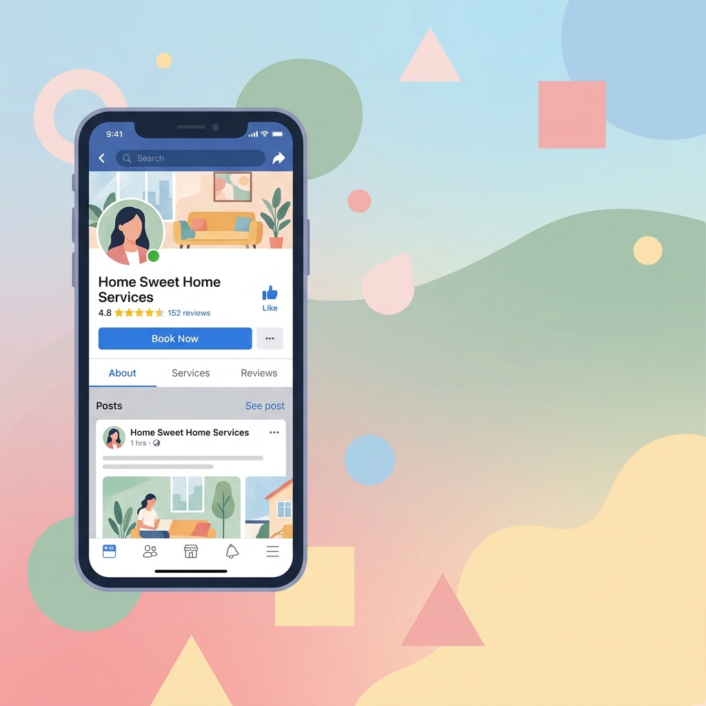 Illustrated smartphone showing an HVAC company Facebook Business Page