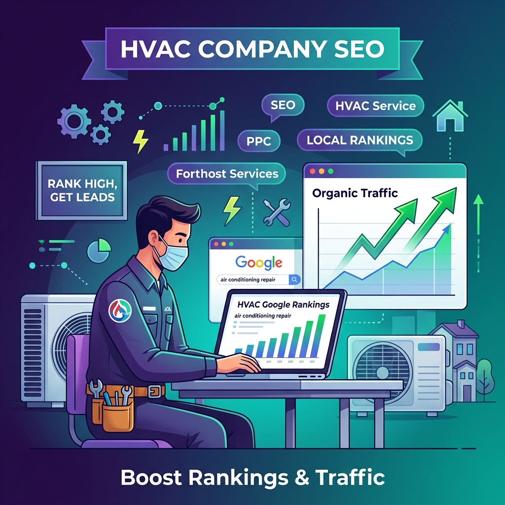 HVAC technician with laptop showing organic traffic growth from SEO campaign