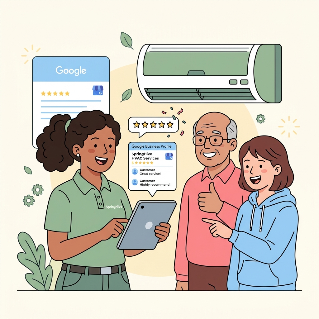 HVAC technician updating Google Business Profile on tablet showing star reviews and photos