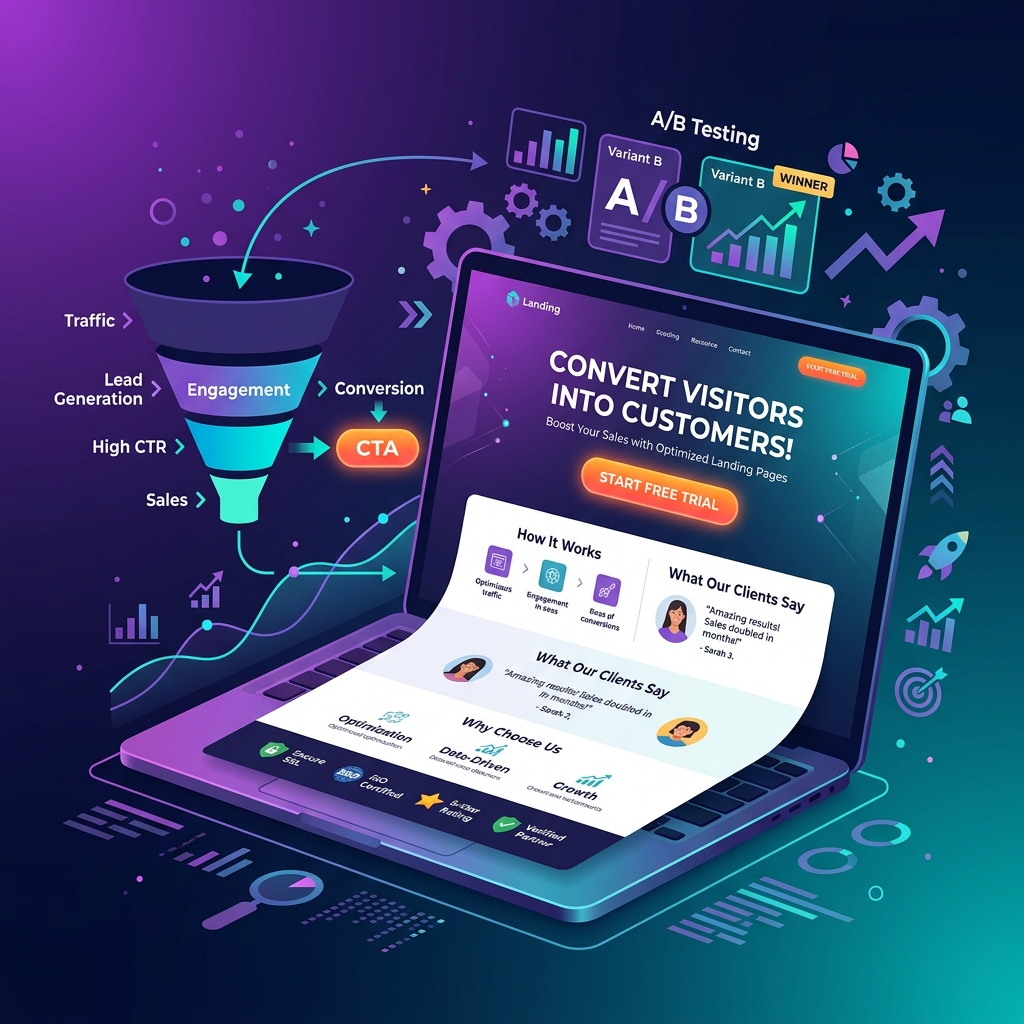 Modern landing page design with high-converting CTA button, testimonials, and conversion funnel