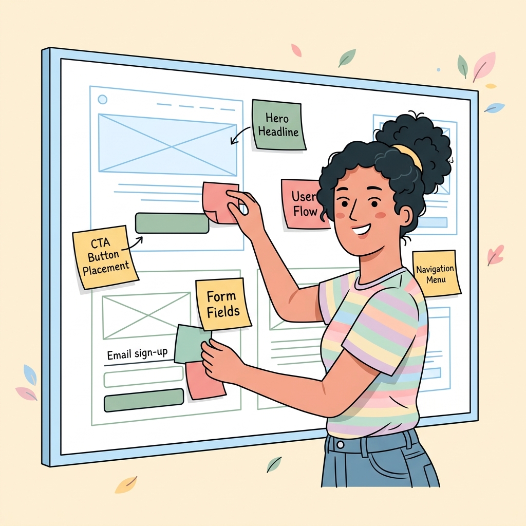 UX designer working on landing page wireframes with CTA placement and form field sticky notes