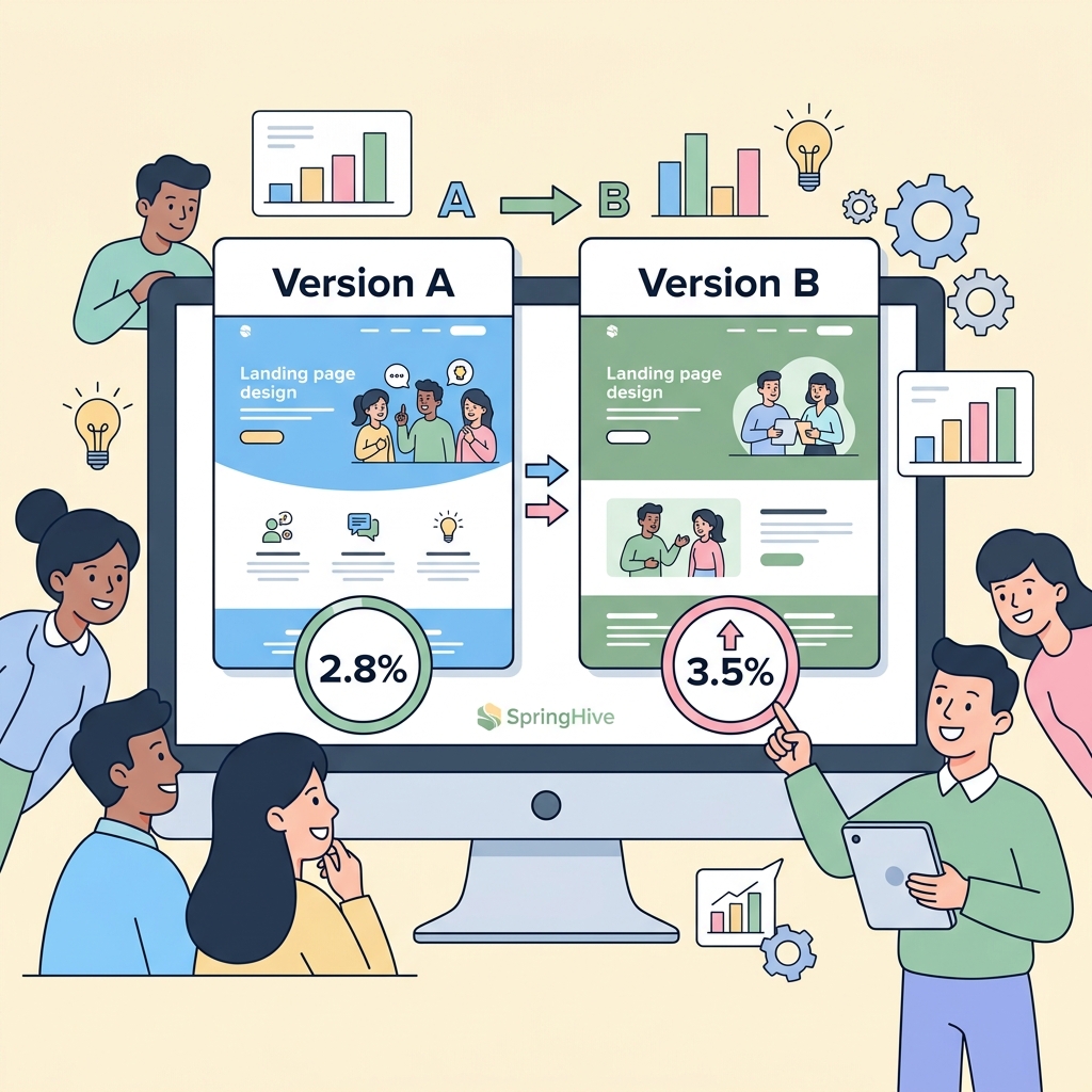 A/B test comparison showing two landing page designs side by side with Version A and Version B conversion rate badges