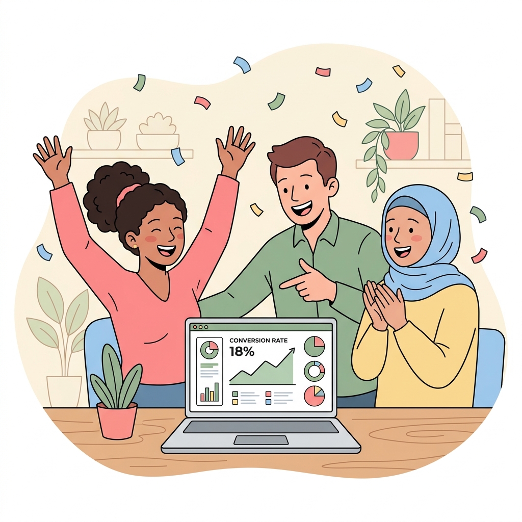 Person celebrating 18% conversion rate on analytics dashboard with graph going up and confetti