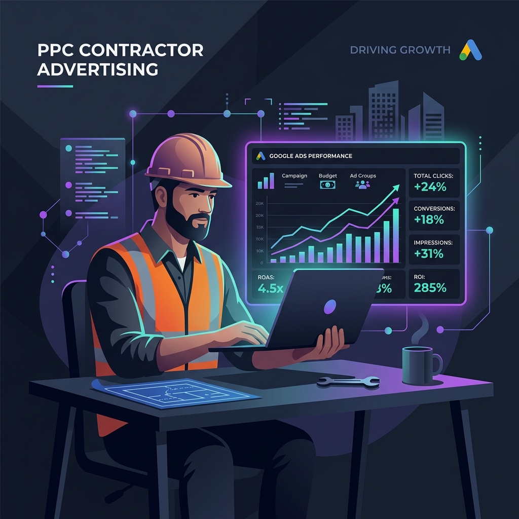 Contractor reviewing Google Ads performance dashboard with rising lead generation metrics