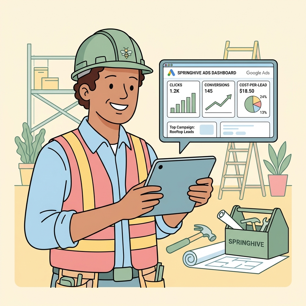 Contractor reviewing Google Ads dashboard with clicks, conversions, and cost-per-lead metrics