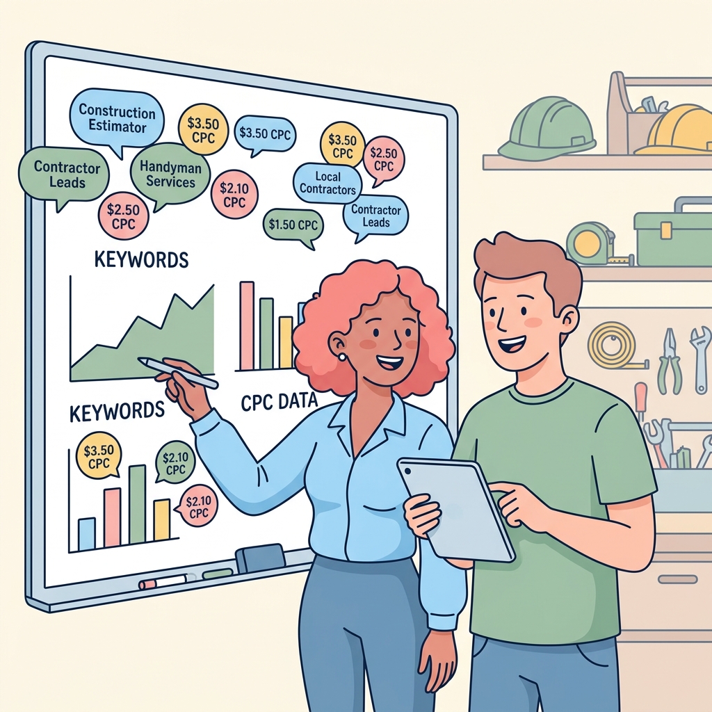 Two people analyzing contractor keyword research charts and CPC data on a whiteboard