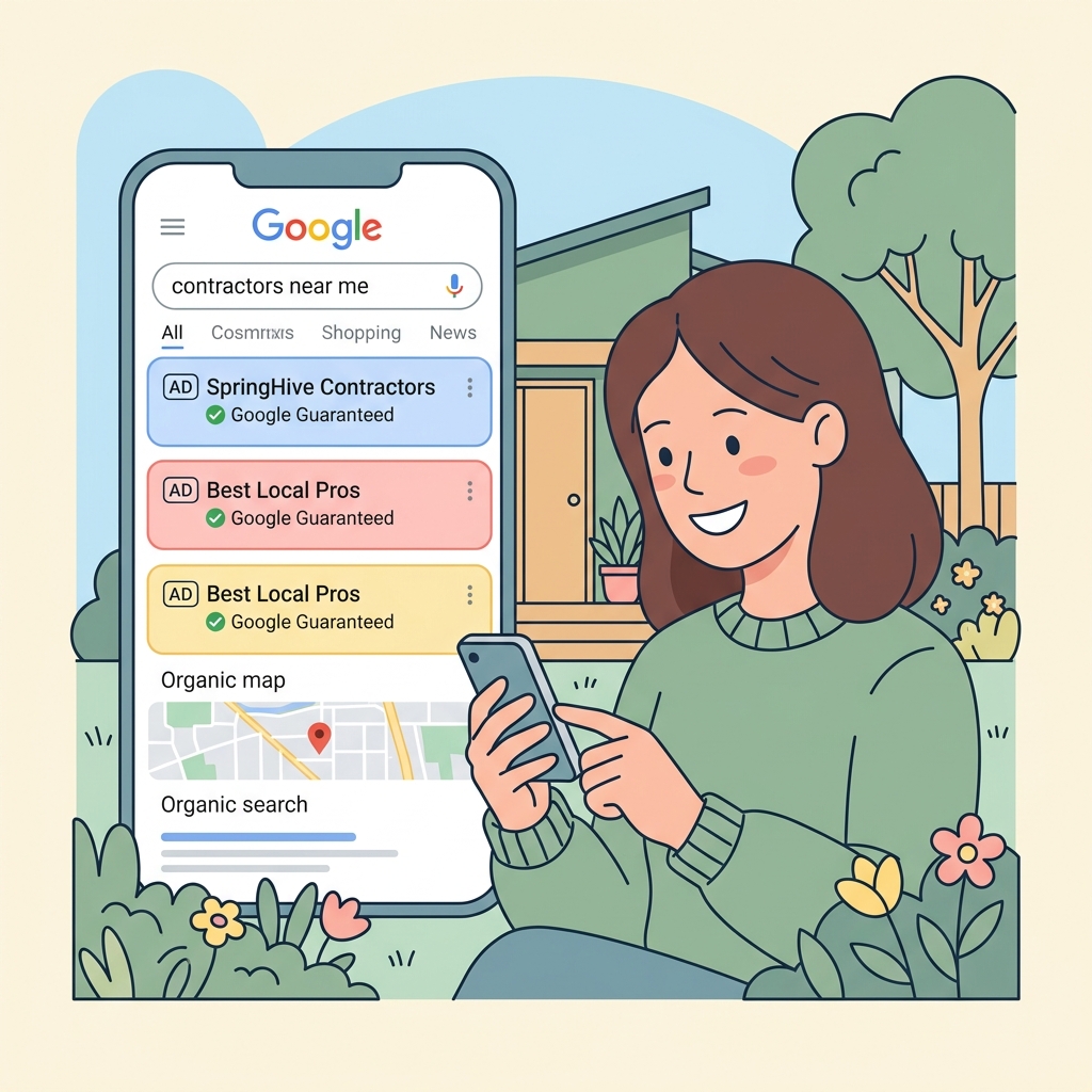 Homeowner on phone seeing Google search results with contractor ads highlighted at the top