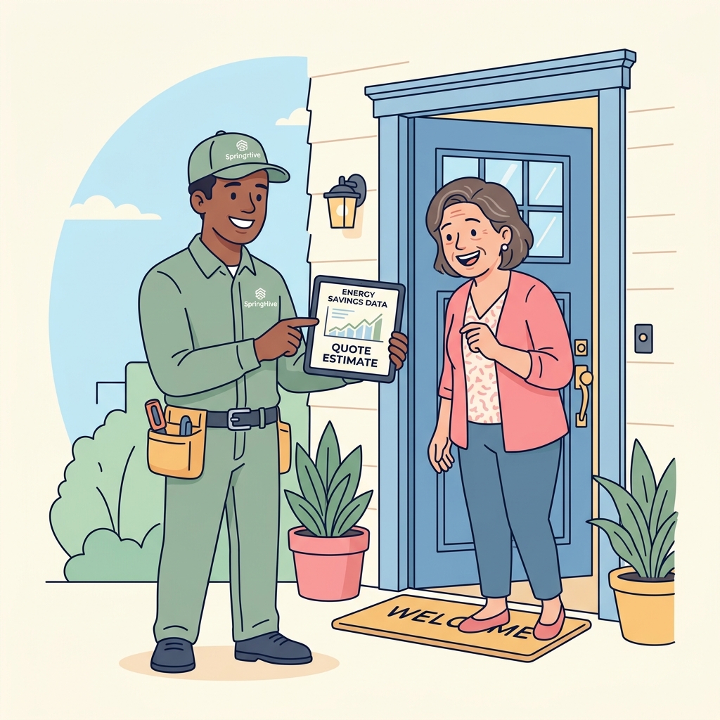 Friendly insulation technician presenting a quote to homeowner on tablet at their front door