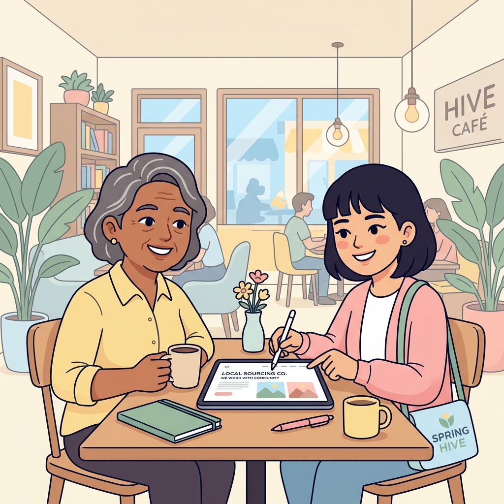 Illustrated business owner consulting with a web designer over website mockups in Cebu