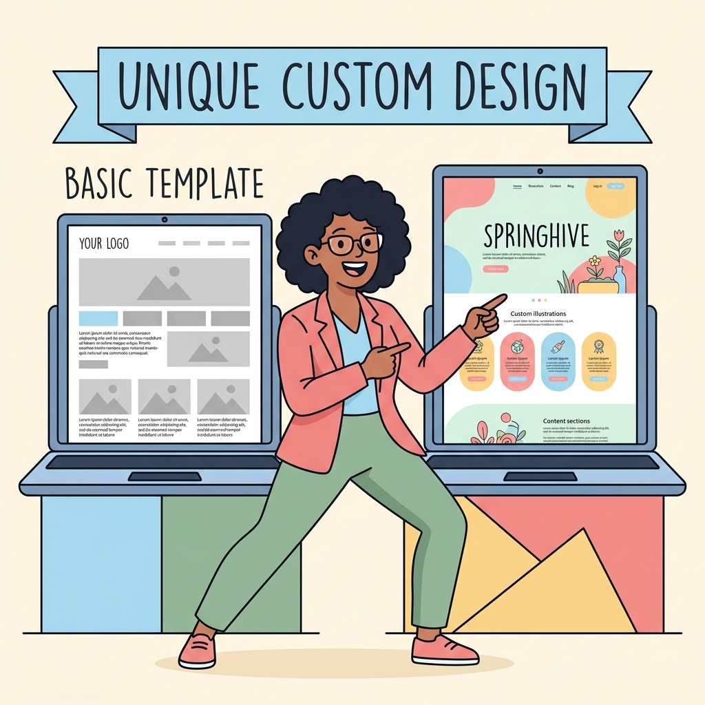 Illustration comparing a generic template website versus a custom-designed website