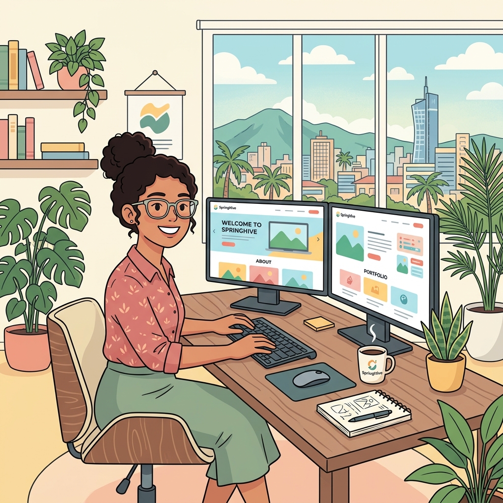 Illustrated web designer at a modern desk with Cebu cityscape behind them
