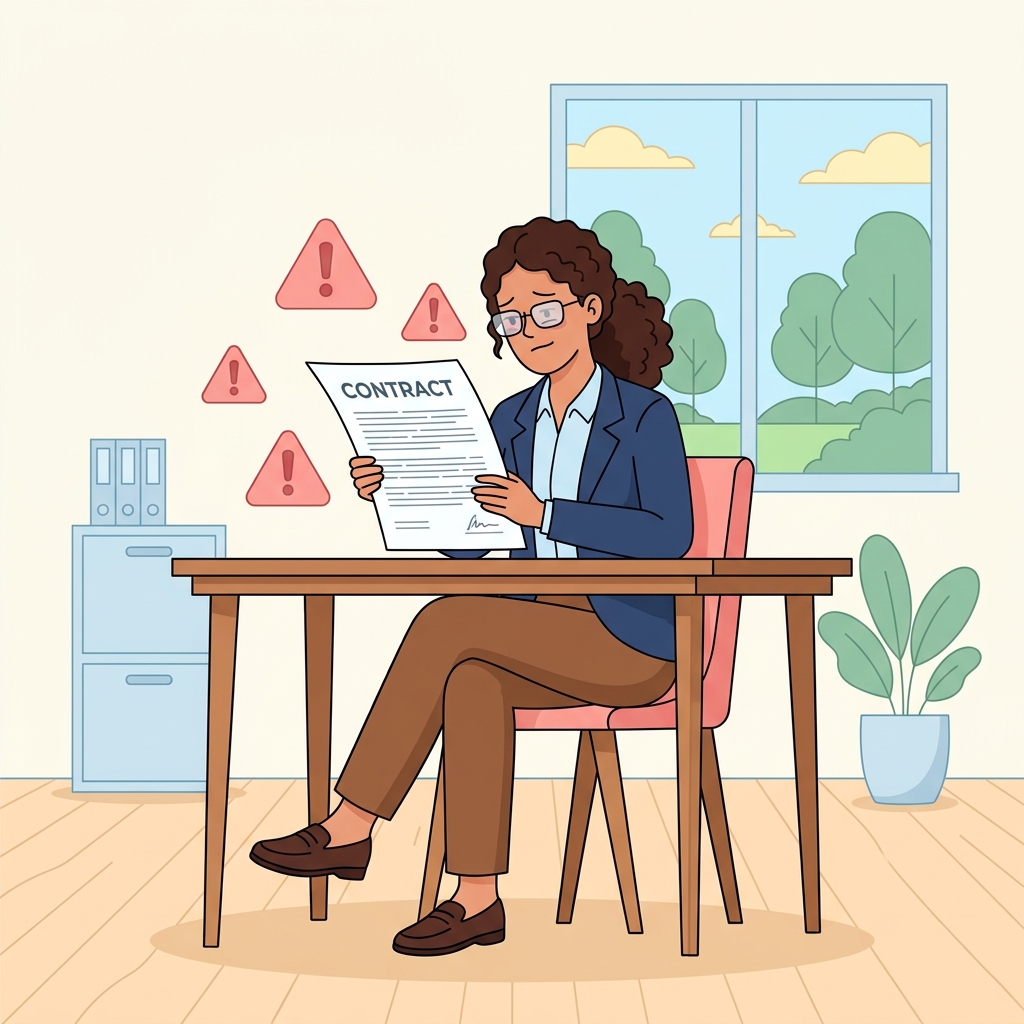 Illustrated person reviewing a suspicious web design proposal with warning signs